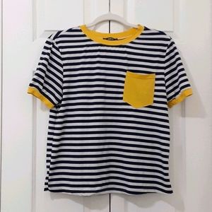 Cropped Blue & White Stripped Tee w/ Yellow Pocket